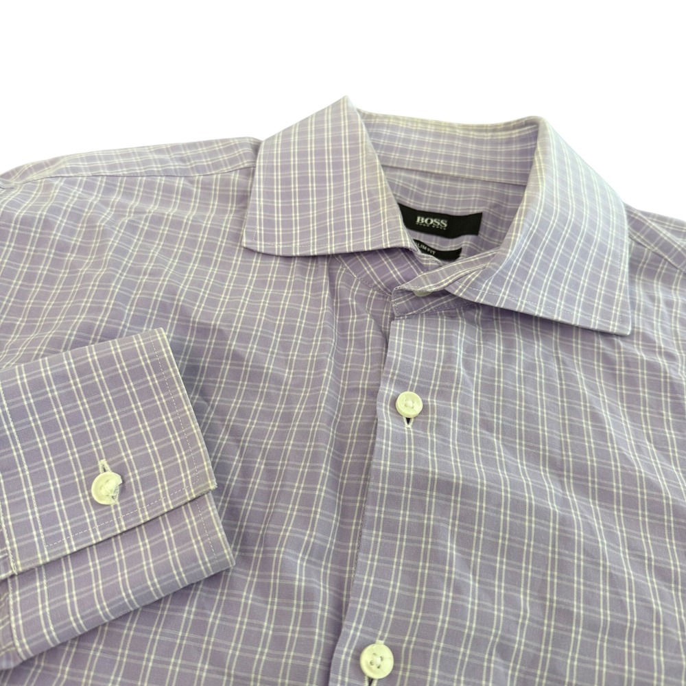 BOSS Hugo Boss Mens Slim Fit‎ Purple Grid Check Cotton Dress Shirt Size 16 41